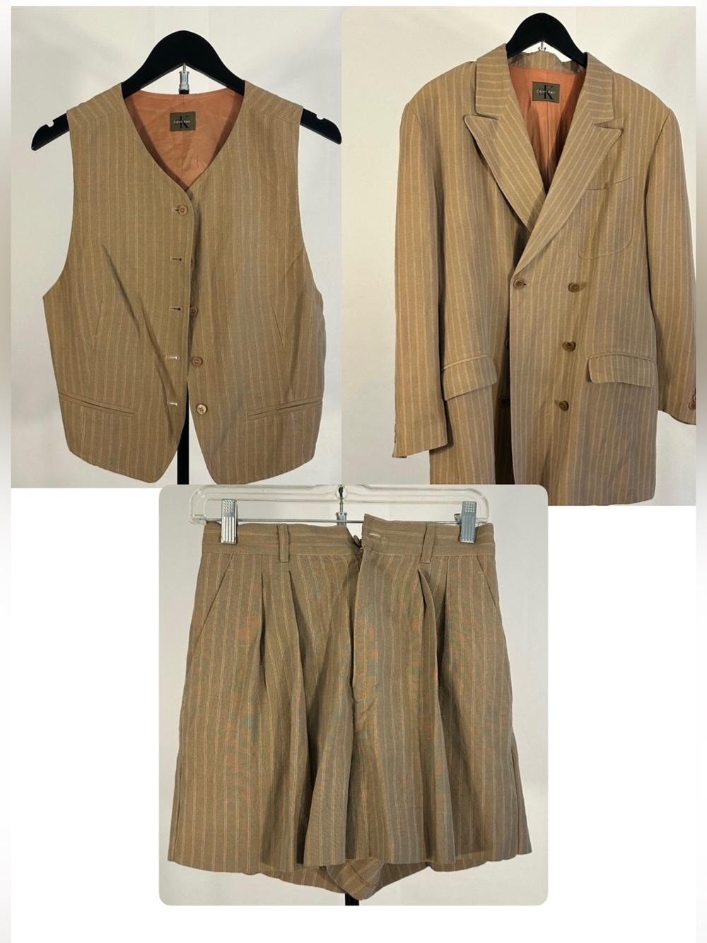 Vintage Calvin Klein Tan Pinstripe Double-Breasted Blazer, vest and shorts